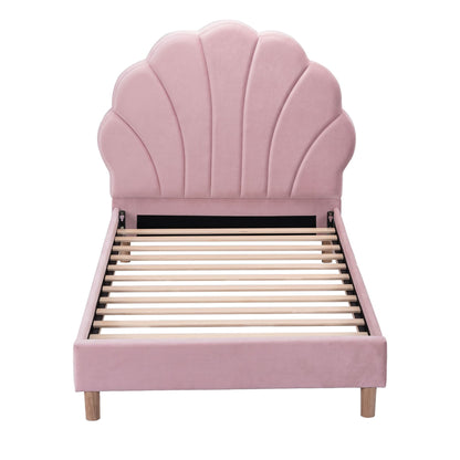 Single Bed Frame Scallop Upholstered Headboard Pink Velvet Platform Base Support up to 180kg