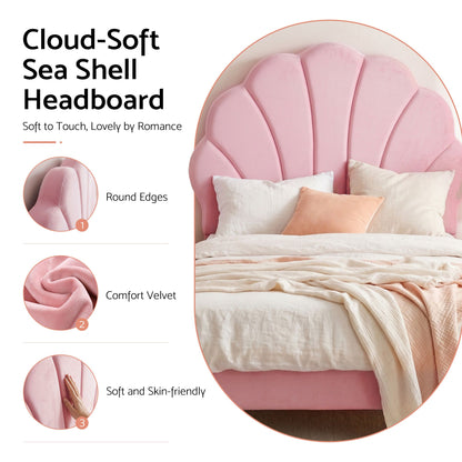 Single Bed Frame Scallop Upholstered Headboard Pink Velvet Platform Base Support up to 180kg