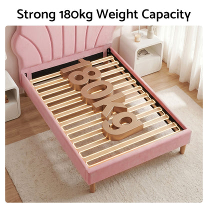 Single Bed Frame Scallop Upholstered Headboard Pink Velvet Platform Base Support up to 180kg