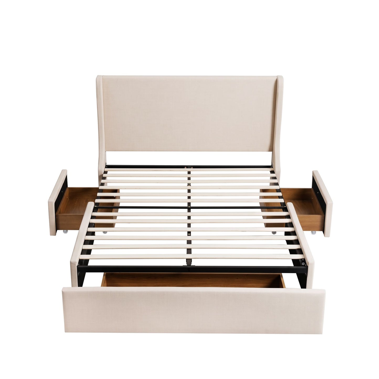 Double Upholstered Bed Frame with 3 Storage Drawers Wingback Headboard Heavy Duty Metal Platform Base