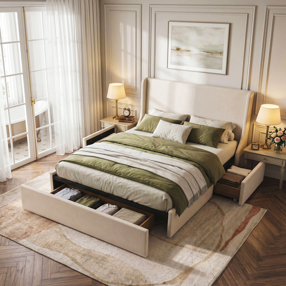 Queen Upholstered Bed Frame with 3 Storage Drawers Wingback Headboard Heavy Duty Metal Platform Base