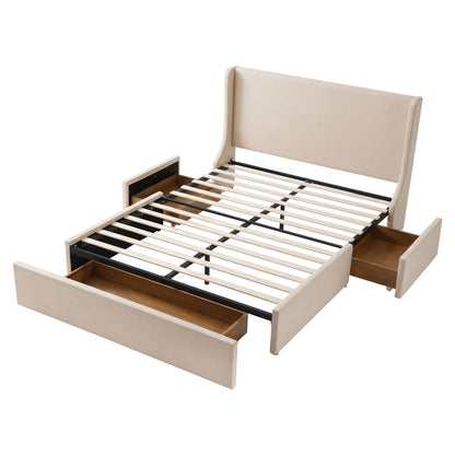 Queen Upholstered Bed Frame with 3 Storage Drawers Wingback Headboard Heavy Duty Metal Platform Base