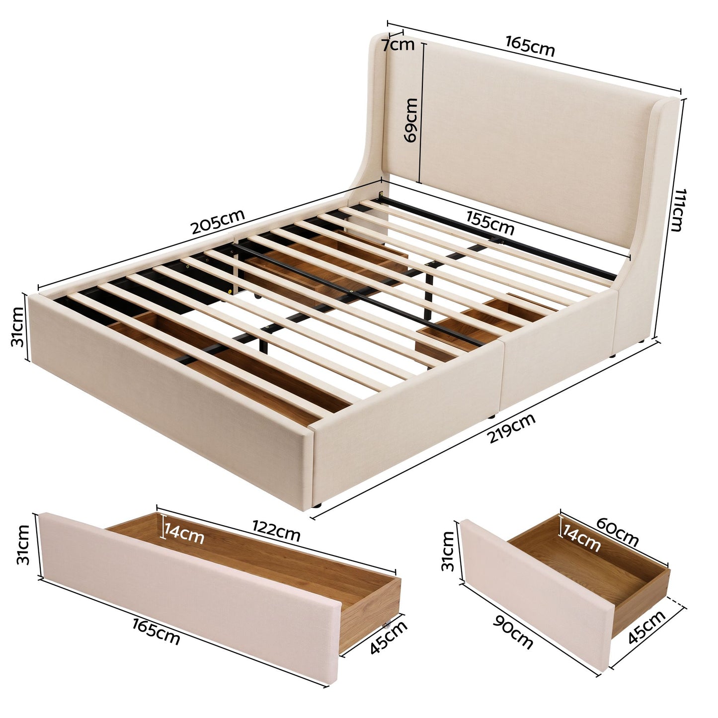 Queen Upholstered Bed Frame with 3 Storage Drawers Wingback Headboard Heavy Duty Metal Platform Base