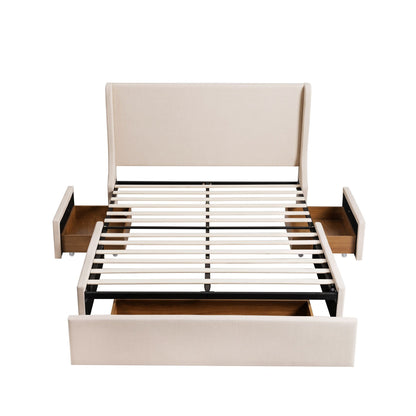 Queen Upholstered Bed Frame with 3 Storage Drawers Wingback Headboard Heavy Duty Metal Platform Base