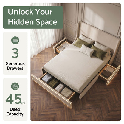 Queen Upholstered Bed Frame with 3 Storage Drawers Wingback Headboard Heavy Duty Metal Platform Base