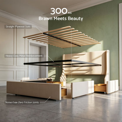 Queen Upholstered Bed Frame with 3 Storage Drawers Wingback Headboard Heavy Duty Metal Platform Base