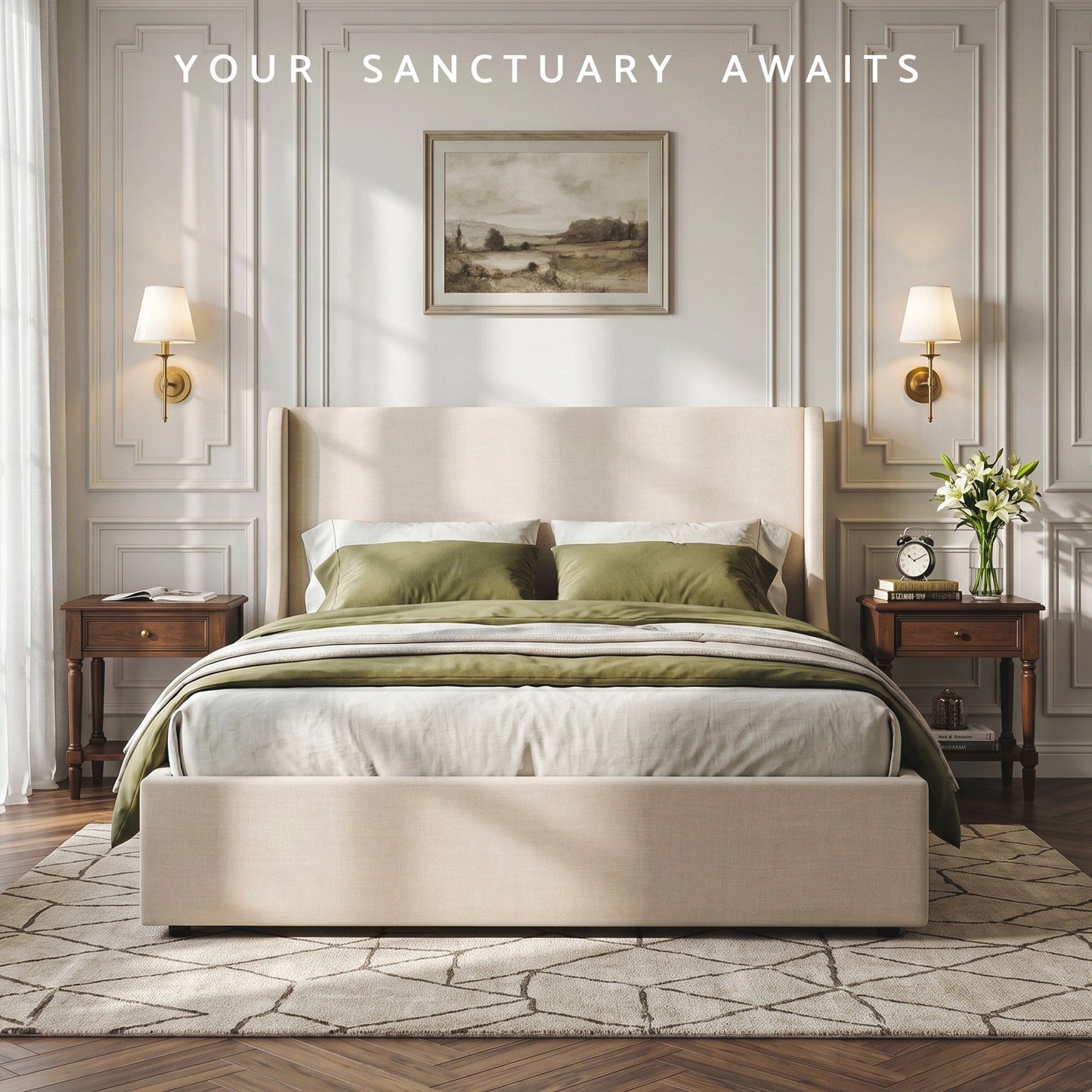 Queen Upholstered Bed Frame with 3 Storage Drawers Wingback Headboard Heavy Duty Metal Platform Base