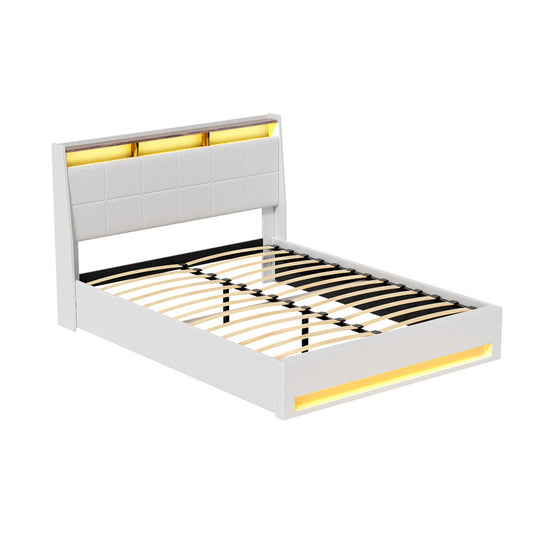 Artiss Bed Frame Gas Lift LED Beds Base Platform White PVC Leather Storage Headboard Double Furniture > Bedroom > Beds