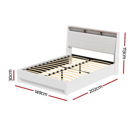 Artiss Bed Frame Gas Lift LED Beds Base Platform White PVC Leather Storage Headboard Double Furniture > Bedroom > Beds