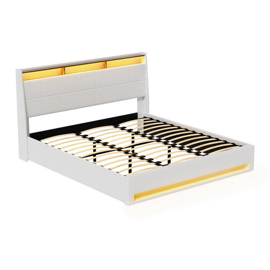 Artiss Bed Frame Gas Lift LED Beds Base Platform White PVC Leather Storage Headboard King Furniture > Bedroom > Beds &