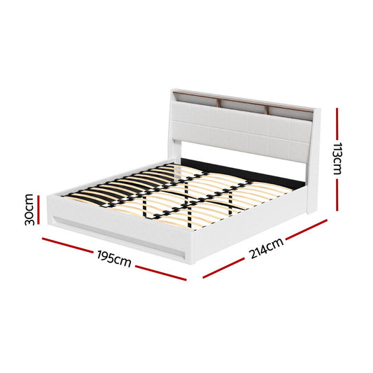 Artiss Bed Frame Gas Lift LED Beds Base Platform White PVC Leather Storage Headboard King Furniture > Bedroom > Beds &