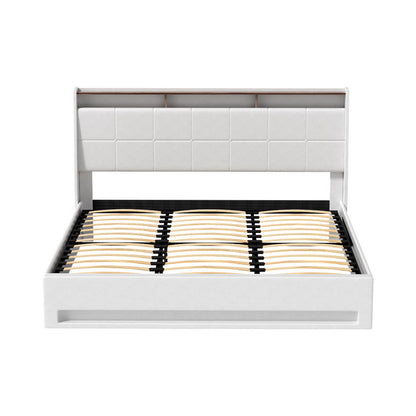 Artiss Bed Frame Gas Lift LED Beds Base Platform White PVC Leather Storage Headboard King Furniture > Bedroom > Beds &