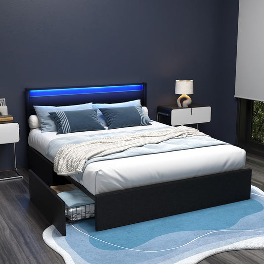 Artiss Bed Frame Queen Size LED with 4 Drawers Black DUNN - Furniture > Bedroom > Beds & Bed Frames