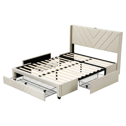 King Bed Frame with Charging Station and Storage Drawers Beige 300KG Noise Free