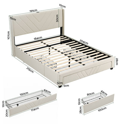 King Bed Frame with Charging Station and Storage Drawers Beige 300KG Noise Free