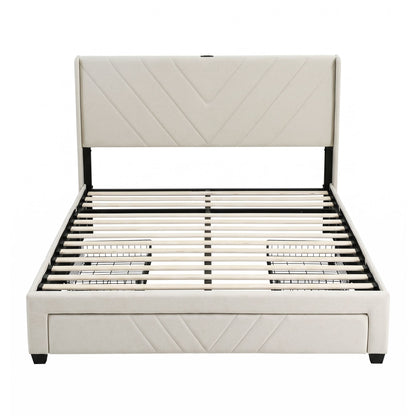 King Bed Frame with Charging Station and Storage Drawers Beige 300KG Noise Free