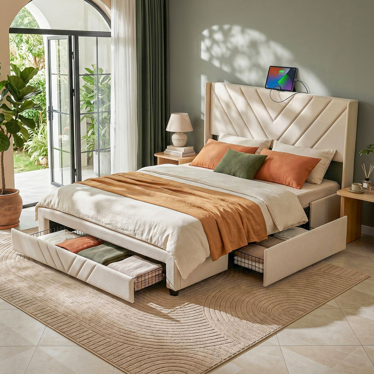 Queen Bed Frame with Charging Station and Storage Drawers Beige 300KG Noise Free