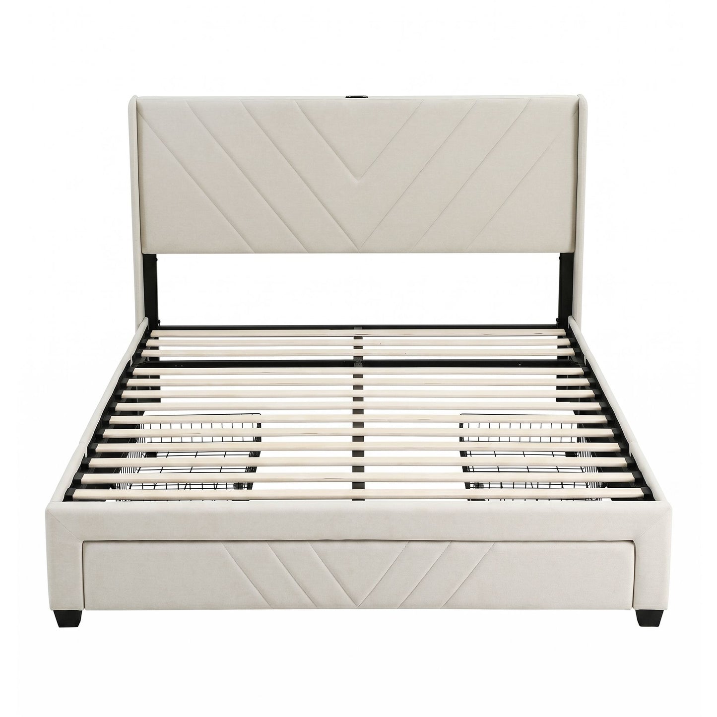 Queen Bed Frame with Charging Station and Storage Drawers Beige 300KG Noise Free