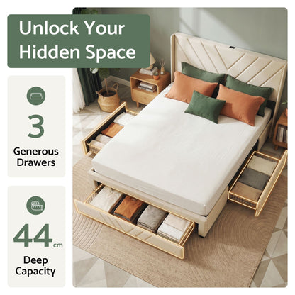 Queen Bed Frame with Charging Station and Storage Drawers Beige 300KG Noise Free