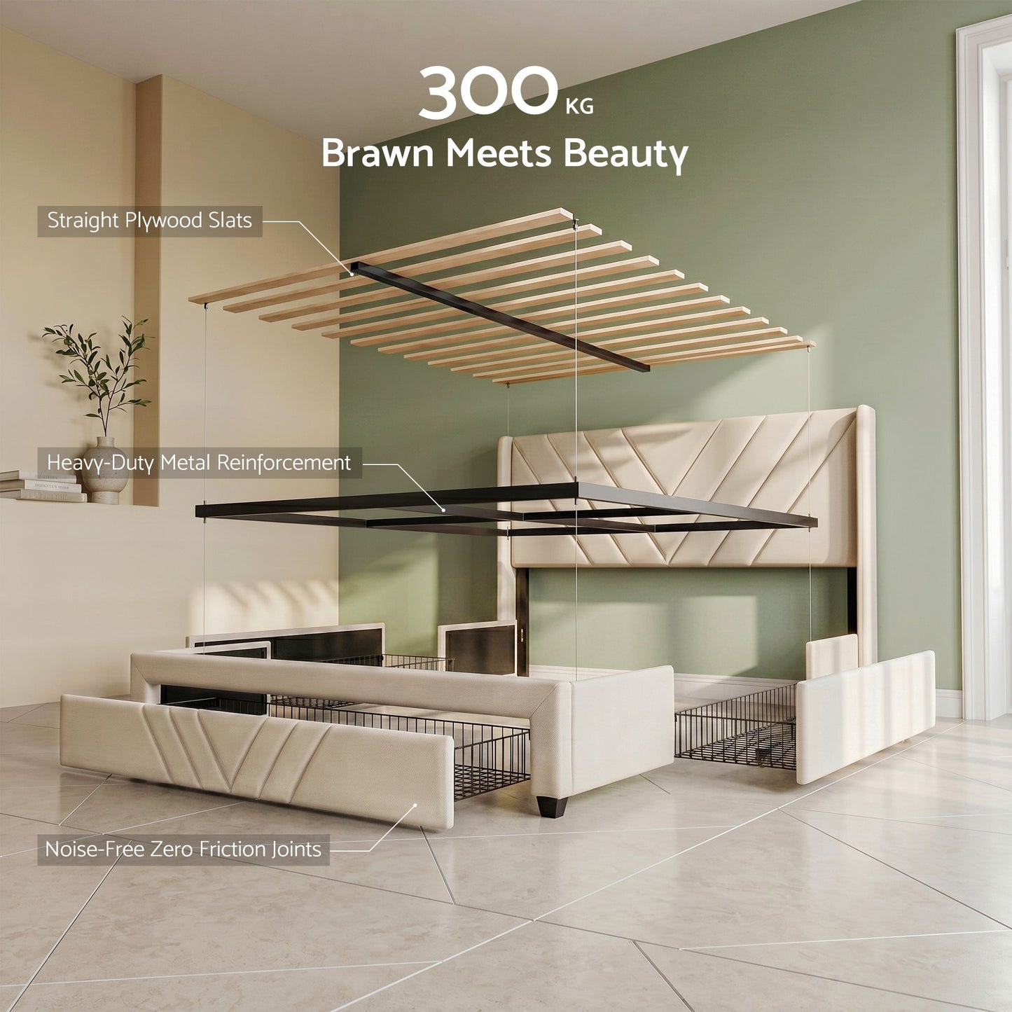 Queen Bed Frame with Charging Station and Storage Drawers Beige 300KG Noise Free