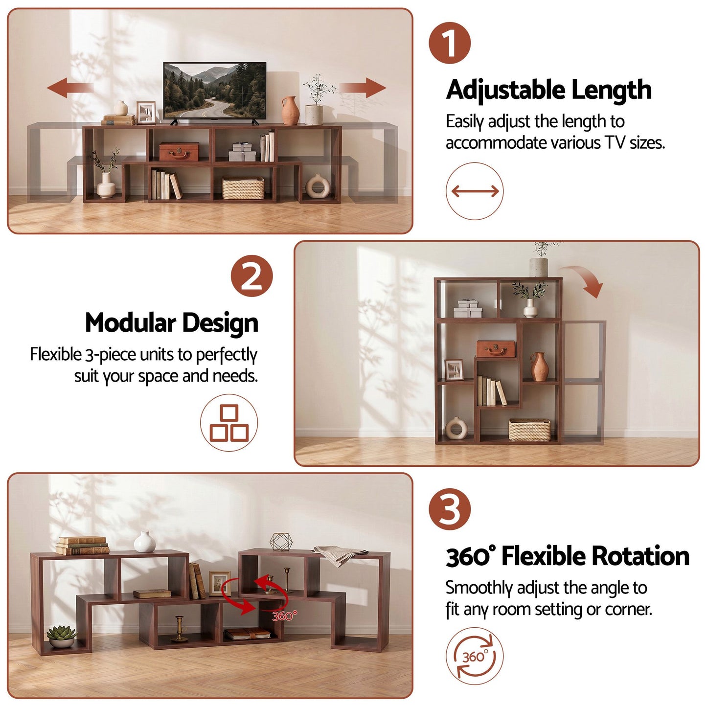 Modular TV Stand 3 Piece Entertainment Unit Adjustable Bookcase Shelf