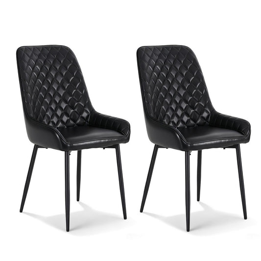 Two black dining chairs with quilted faux leather seats and backs, shown side by side on a white background.