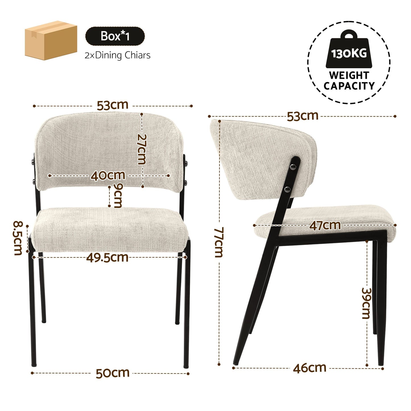 Dining Chairs Set of 2 Linen Fabric Soft Upholstered Chairs Beige