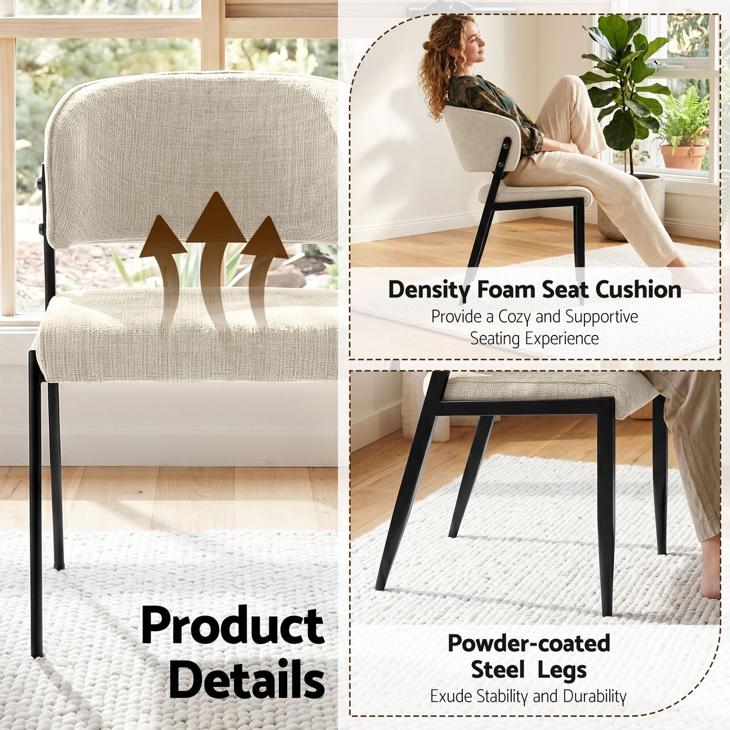 Dining Chairs Set of 2 Linen Fabric Soft Upholstered Chairs Beige