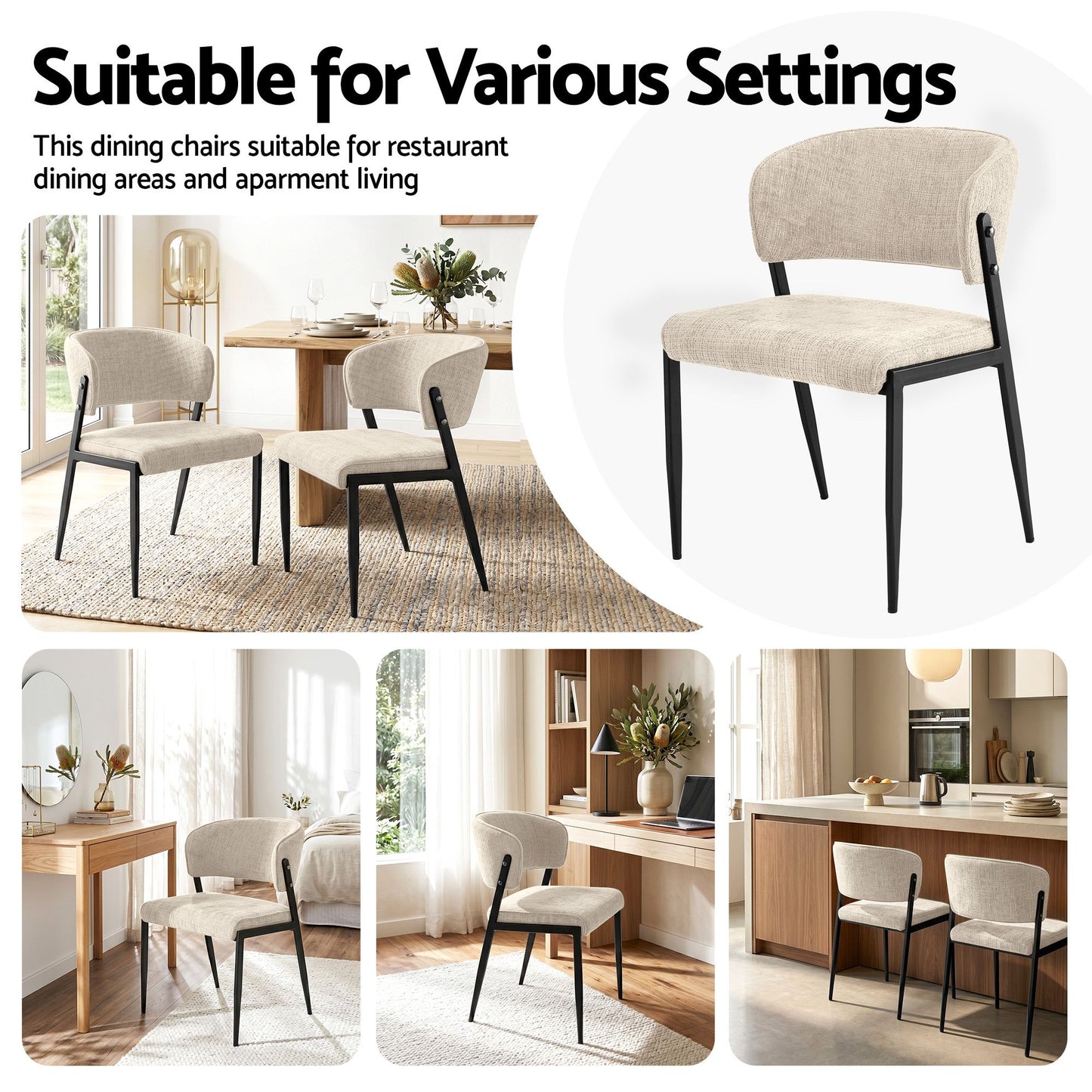 Dining Chairs Set of 2 Linen Fabric Soft Upholstered Chairs Beige