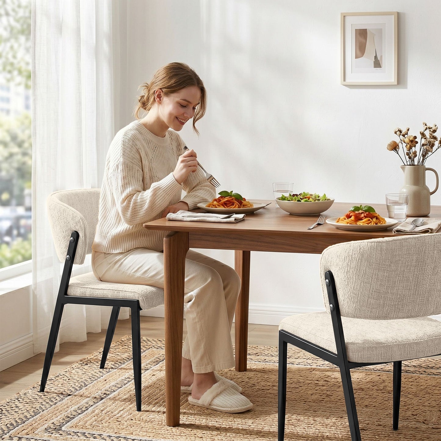 Dining Chairs Set of 2 Linen Fabric Soft Upholstered Chairs Beige