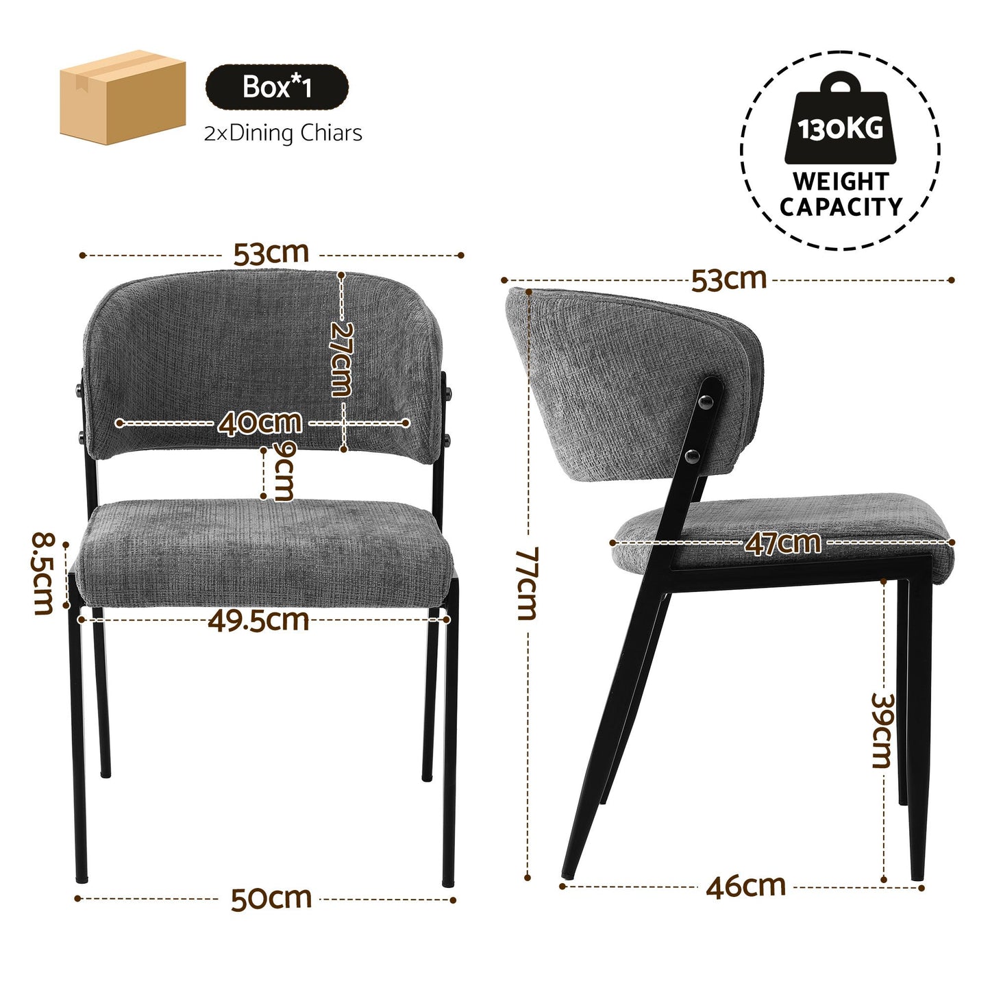 Dining Chairs Set of 2 Linen Fabric Soft Upholstered Chairs Grey