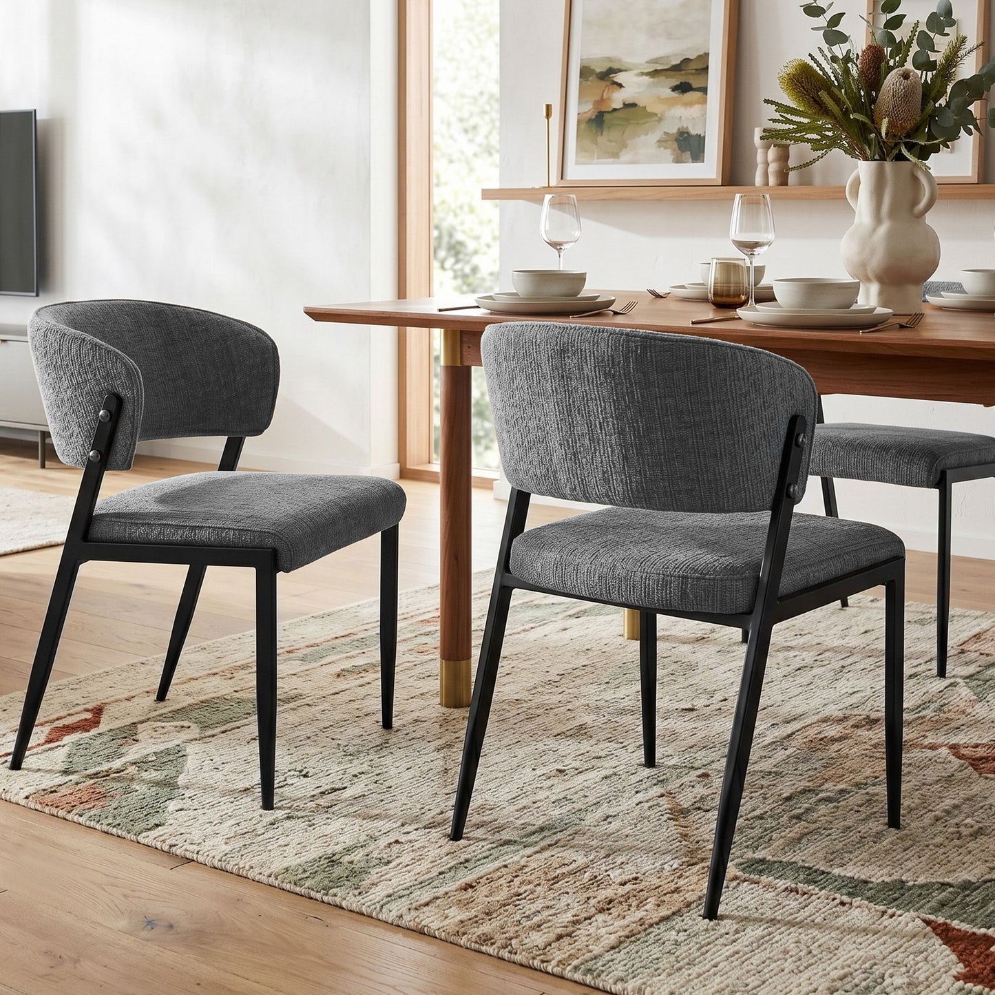 Dining Chairs Set of 2 Linen Fabric Soft Upholstered Chairs Grey