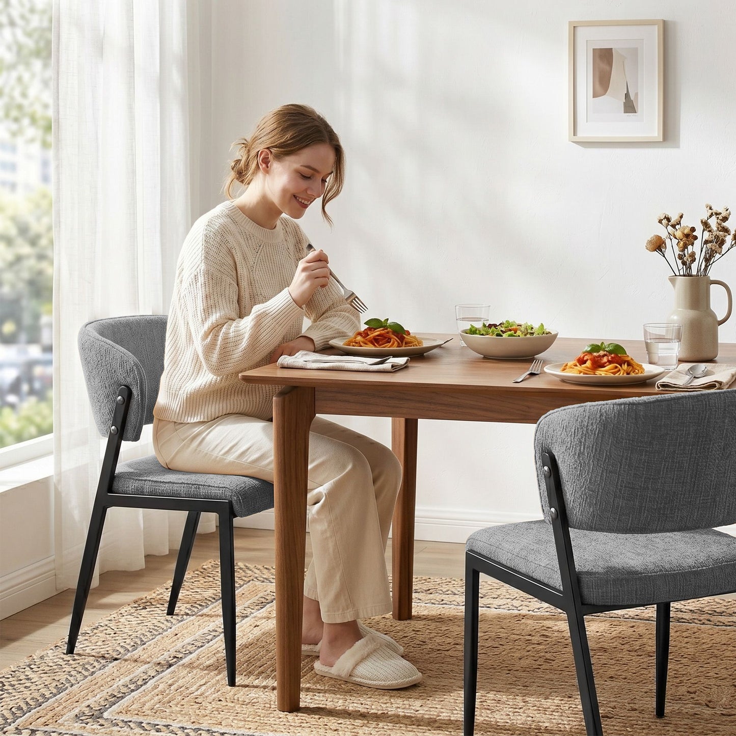 Dining Chairs Set of 2 Linen Fabric Soft Upholstered Chairs Grey