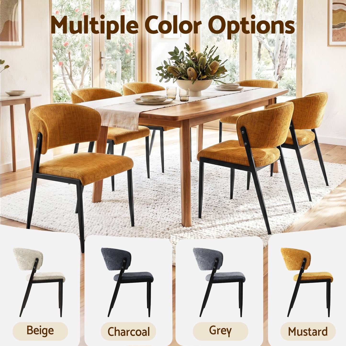 Dining Chairs Set of 2 Linen Fabric Soft Upholstered Chairs Mustard