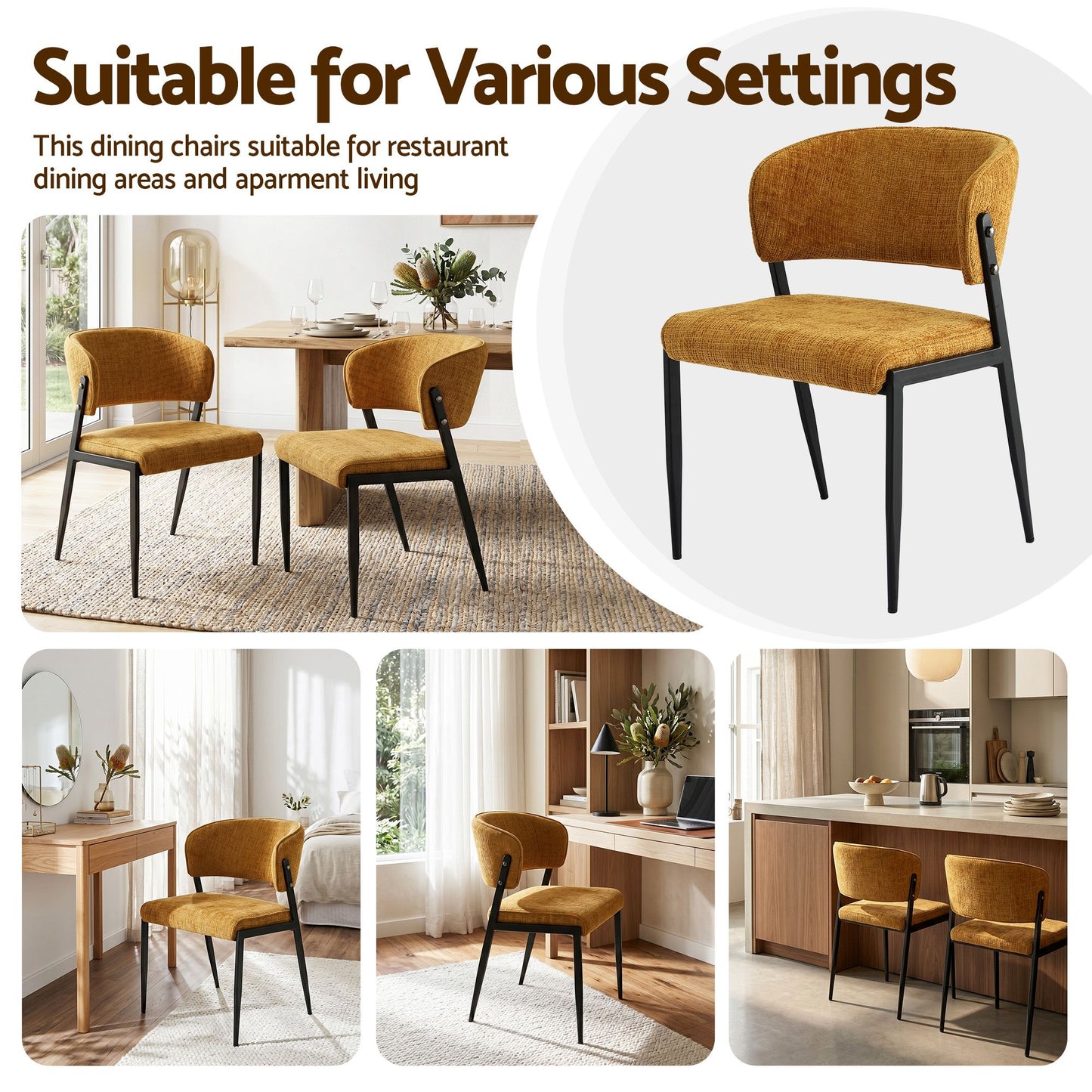 Dining Chairs Set of 2 Linen Fabric Soft Upholstered Chairs Mustard