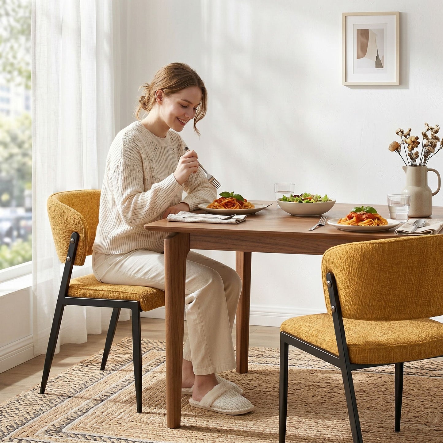 Dining Chairs Set of 2 Linen Fabric Soft Upholstered Chairs Mustard