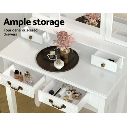 Artiss Dressing Table Stool Set Foldable Mirror White - Furniture > Bedroom > Dressing Vanity & Dressing Tables