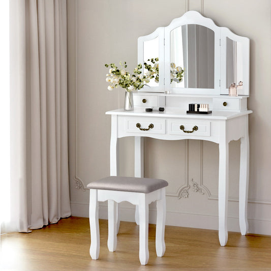 Artiss Dressing Table Stool Set Foldable Mirror White - Furniture > Bedroom > Dressing Vanity & Dressing Tables