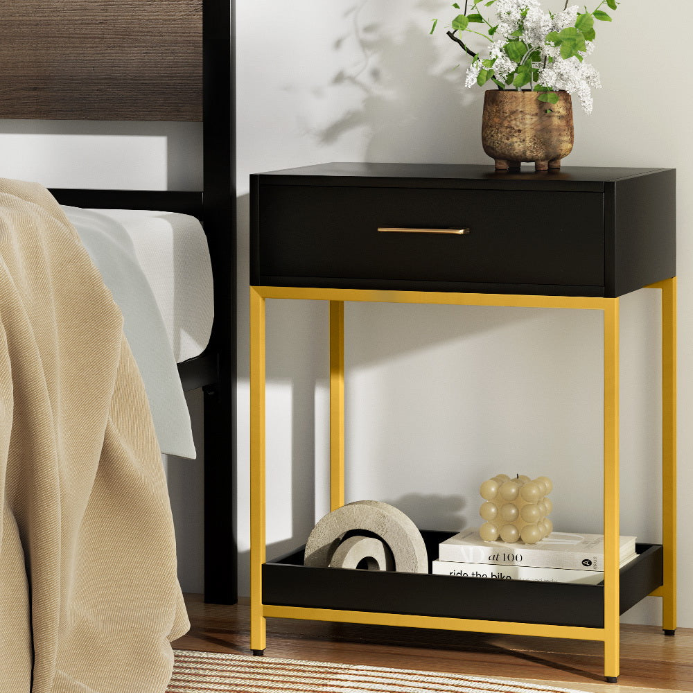 Artiss Bedside Table Drawers Side Table Shelf Storage Nightstand Black MASON Furniture > Bedroom > Bedside Tables