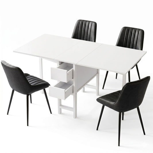Dining Table and Chairs Set 5pcs Foldable Kitchen Furniture with 2 Drawers Black and White