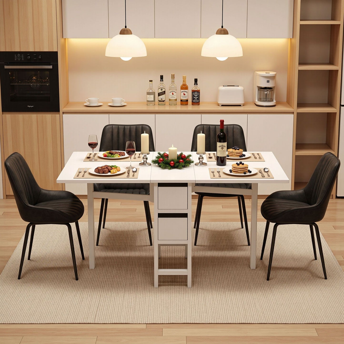Artiss Dining Table and Chairs Set 5pcs Foldable Kitchen Furniture with 2 Drawers Black and White