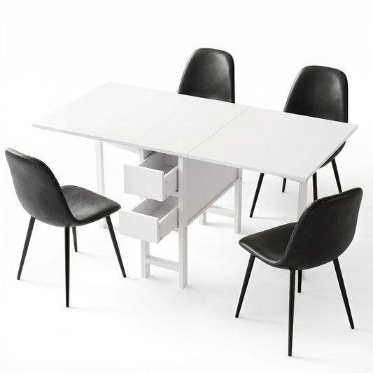 Dining Table and Chairs Set 5pcs Foldable with 2 Drawers Black and White