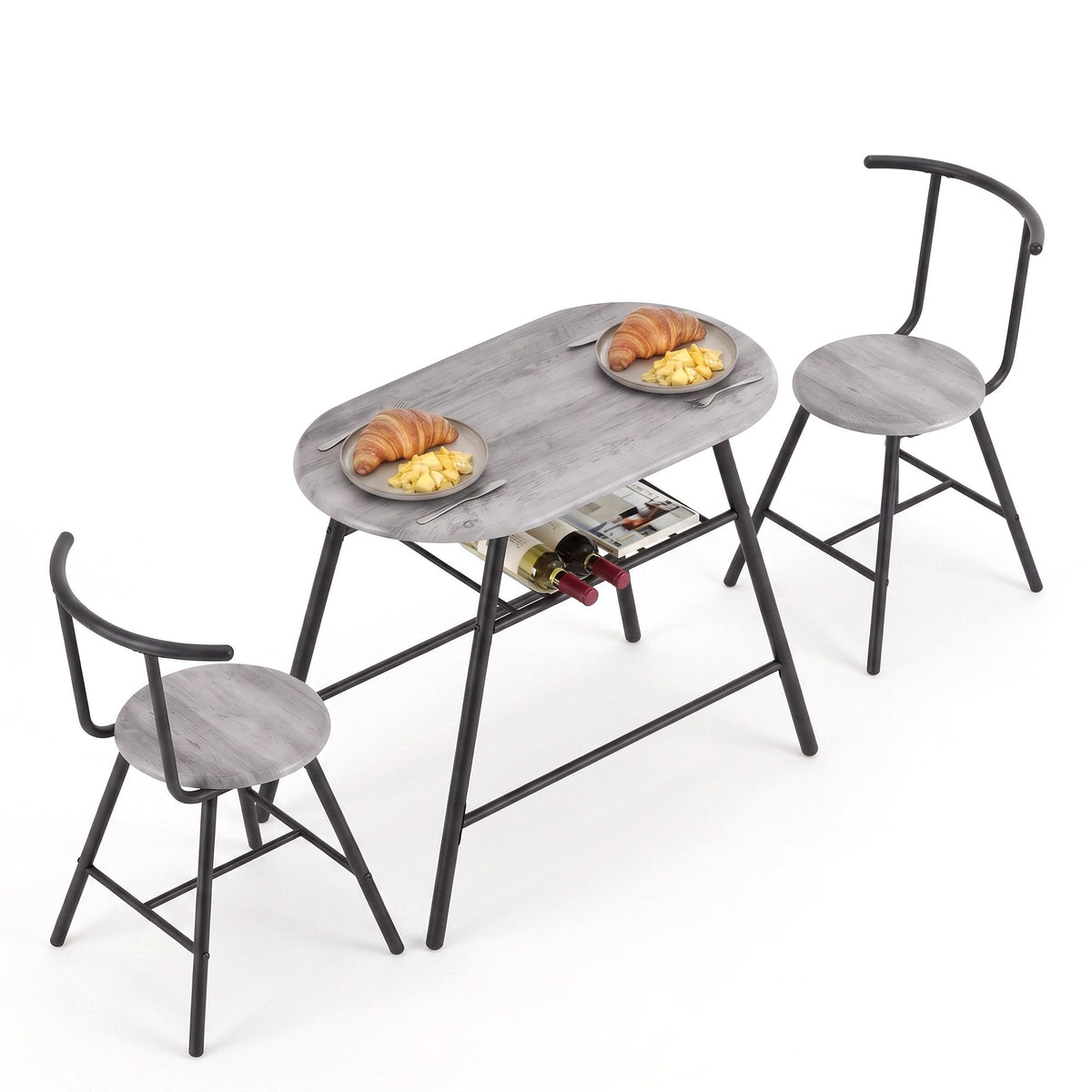 Artiss Oval Dining Table Set 3PC Space-Saving Bistro Kitchen Storage Wine Rack Grey