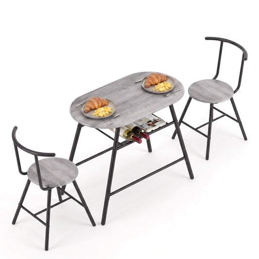 Oval Dining Table Set 3PC Space-Saving Bistro Kitchen Storage Wine Rack Grey