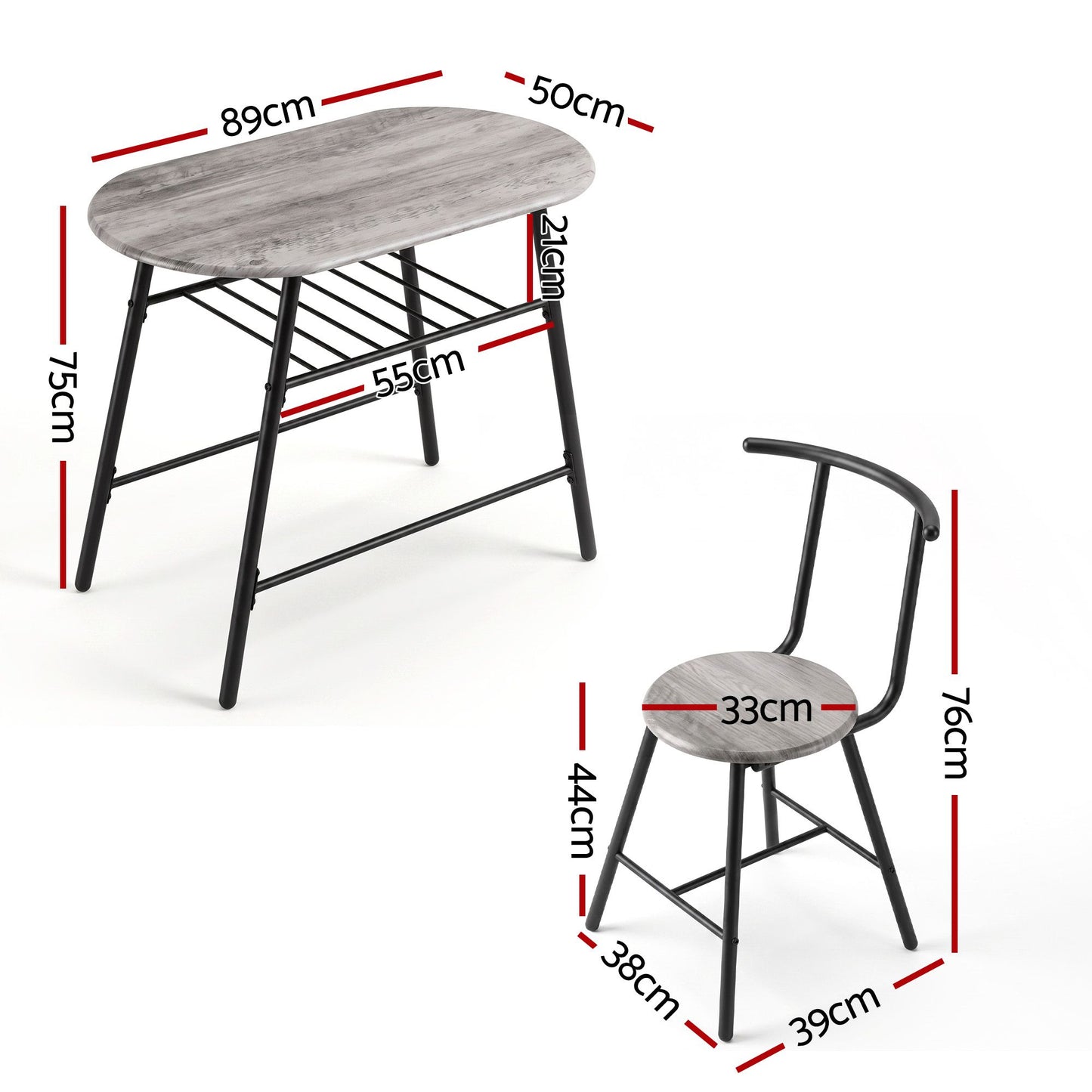 Artiss Oval Dining Table Set 3PC Space-Saving Bistro Kitchen Storage Wine Rack Grey