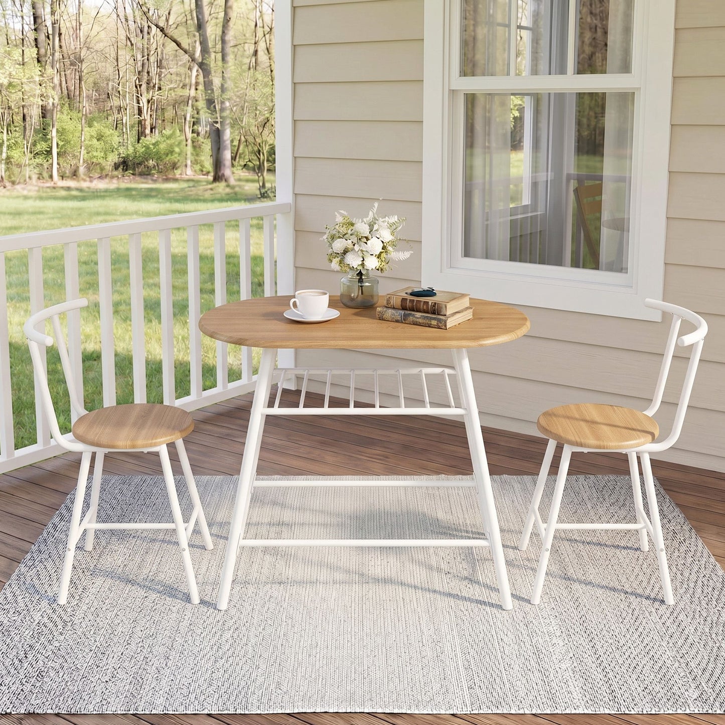 Artiss Oval Dining Table Set 3PC Space-Saving Bistro Kitchen Storage Wine Rack Natural White