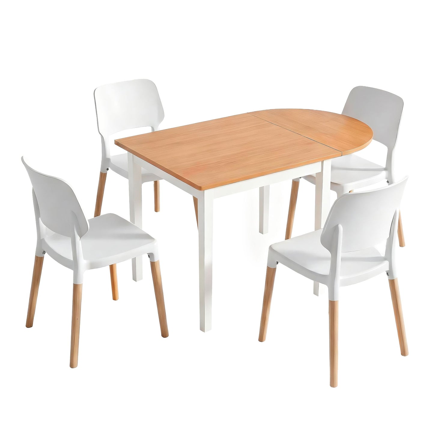 Dining Table and Chairs Set 5PCS, 75-110cm Drop-Leaf Table, with 4 Dining Chairs White Wooden, 4 Seater Dining Table Set for Kitchen, Apartment, Café
