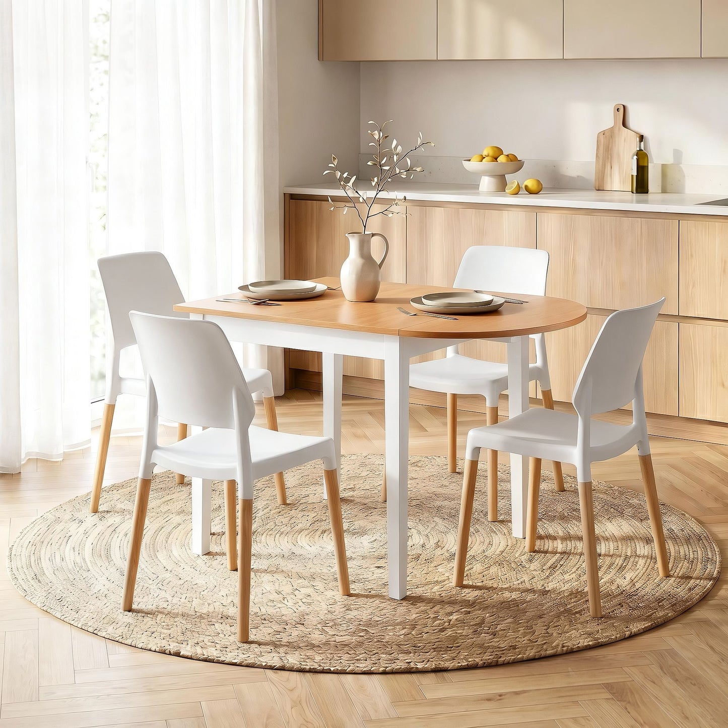 Dining Table and Chairs Set 5PCS, 75-110cm Drop-Leaf Table, with 4 Dining Chairs White Wooden, 4 Seater Dining Table Set for Kitchen, Apartment, Café