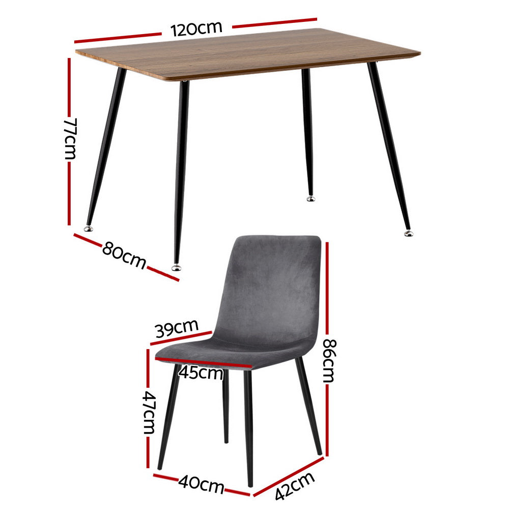 1 Artiss Dining Table and 4 Chairs Set Grey Velvet - Furniture > Dining > Dining Set