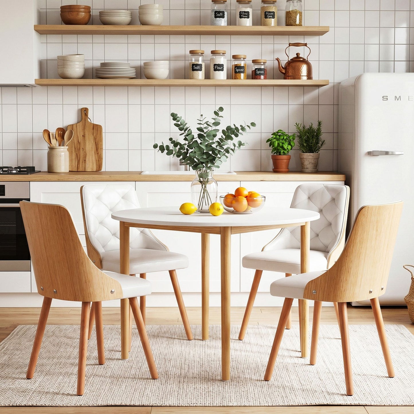Dining Table and Chairs Set 5PCS Round 4 PU Leather Seater Dining Set White
